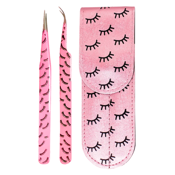 KIT PINZAS PESTANAS CON ESTUCHE RECTA Y CURVA rosa